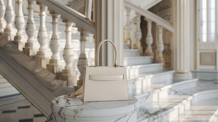 Fototapeta na wymiar A sophisticated handbag positioned on a marble staircase in a luxury home.