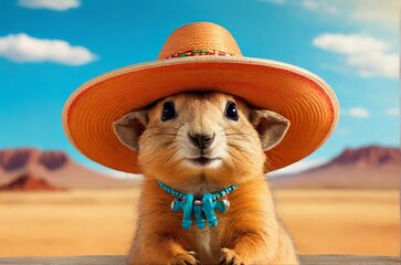 Illustration of Cute and funny prairie dog in mexican hat sombrero. Desert with cactuses, sky background. Concept of vacation, travel, cards, design, party, birthday. AI generated