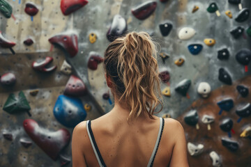 rear view of a female looking at a challenging climbing wall - obrazy, fototapety, plakaty