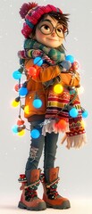 Naklejka premium Animated girl, winter clothes, with glowing garland, vibrant cartoon look, side angle, isolated on white , 8K , high-resolution, ultra HD,up32K HD