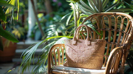 A statement handbag placed on a wicker chair on a sunny patio.