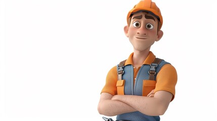 Animated man in work uniform, holding tools, vibrant cartoon look, side angle, isolated on white , 8K , high-resolution, ultra HD,up32K HD