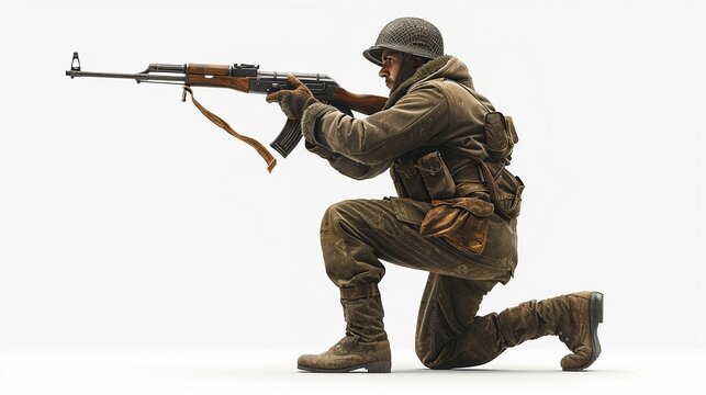 Animated man in military gear, holding Mosin rifle, vibrant look, side view, isolated on white , 8K , high-resolution, ultra HD,up32K HD