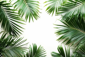 Fototapeta na wymiar Tropical Green Palm Leaves Frame Isolated on White Background - Lush Plant Branches Border