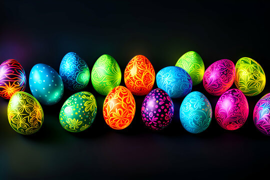 Banner Colorful easter eggs on a black background with copy space. Neon and fluorescent style.
