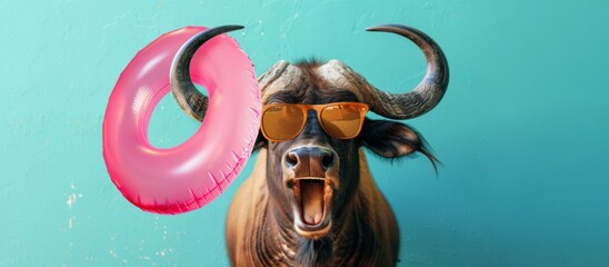 Cheerful buffalo in sunglasses with pink inflatable circle on horn on turquoise wall background. Vacation and weekend concept. - obrazy, fototapety, plakaty