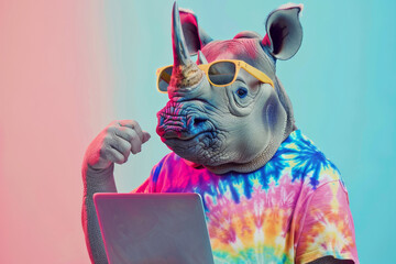 Funny rhino in sunglasses with laptop on blue background. Creative concept for children's learning. g.
