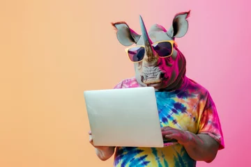 Poster Portrait of funny rhino in sunglasses wearing fashionable t-shirt with laptop on colorful background. Concept of courses and training. © Владимир Солдатов
