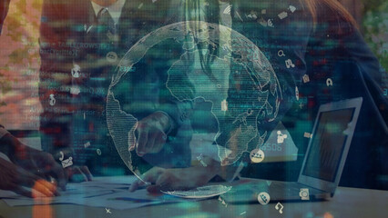 Double exposure of business people working together with world map and technology background.
