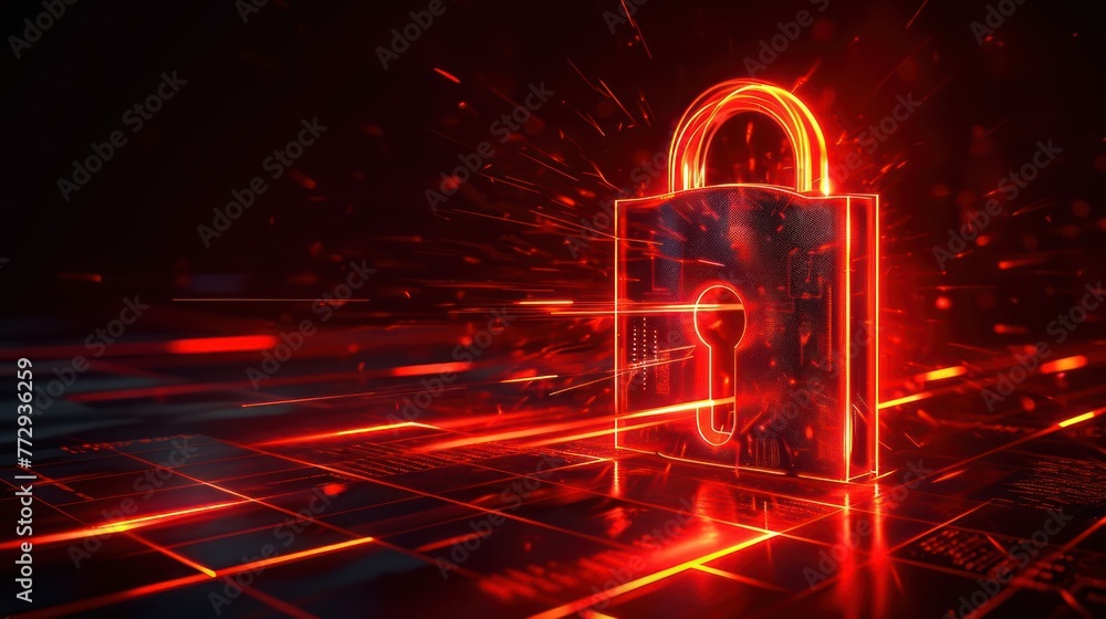 Poster dramatic representation of cybersecurity, showcasing a shielded lock protecting sensitive data again