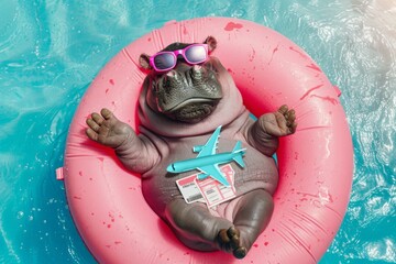 Funny hippo in the pool with toy airplane and airline tickets with sunglasses on a pink inflatable lap in the pool. Creative vacation and weekend concept. - obrazy, fototapety, plakaty