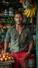 Obraz premium man in a military haircut stands by a stall in a green blouse and red pants