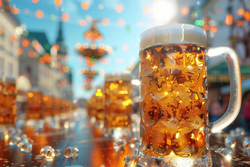 Generative ai on theme of foamy German beer in large glass mug for celebration holiday Oktoberfest - obrazy, fototapety, plakaty