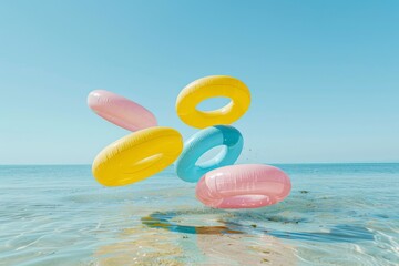 Fototapeta na wymiar Multicolored falling inflatable rings on the background of the sea. Creative concept for summer vacations and weekends.