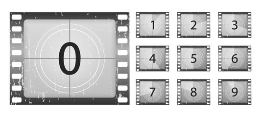 Big set a classic film countdown frame at the number one, two, three, four, five, six, seven, eight and nine. Old film movie timer count. Movies countdown vectors set. Vector Illustration