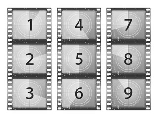 Big set a classic film countdown frame at the number one, two, three, four, five, six, seven, eight and nine. Old film movie timer count. Movies countdown vectors set. Vector Illustration
