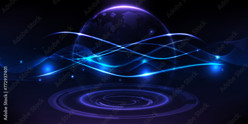 Poster globe digital communication wire connecting network around the world.dark blue futuristic for techno