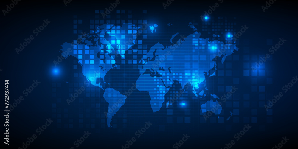 Poster Futuristic world map with digital tech pattern.Vector illustrations.