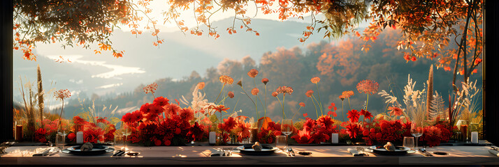 Nature autumn outdoor dinner table setting,
Amazing wedding table decoration with flowers on wooden tables
