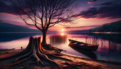 A tranquil lakeside at twilight, leafless tree beside an old wooden boat resting on the shore. The lake's still water reflects a vibrant sunset