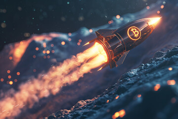 a rocket with a bitcoin logo and smoke coming out of it - obrazy, fototapety, plakaty