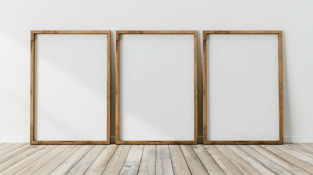 Frame Up Design, White Wall and Wood Floor Interior, Wood Frame Model. 3D Render