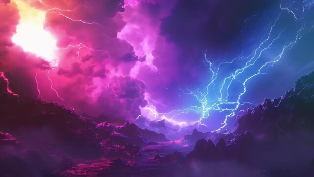 Vibrant bolts of lightning discharge casting a colorful glow over the landscape.