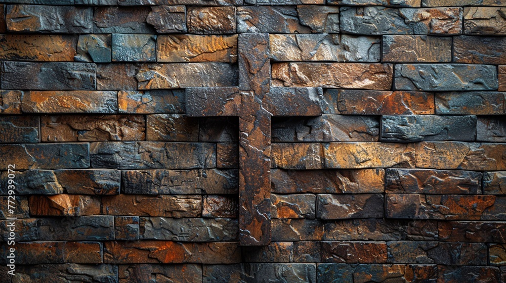 Aufkleber cross-section of a brick wall with a rusty cross generative ai