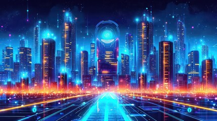 Fototapeta premium futuristic cybersecurity cityscape, with data towers, virtual networks, and a watchful AI overseeing the secure digital landscape