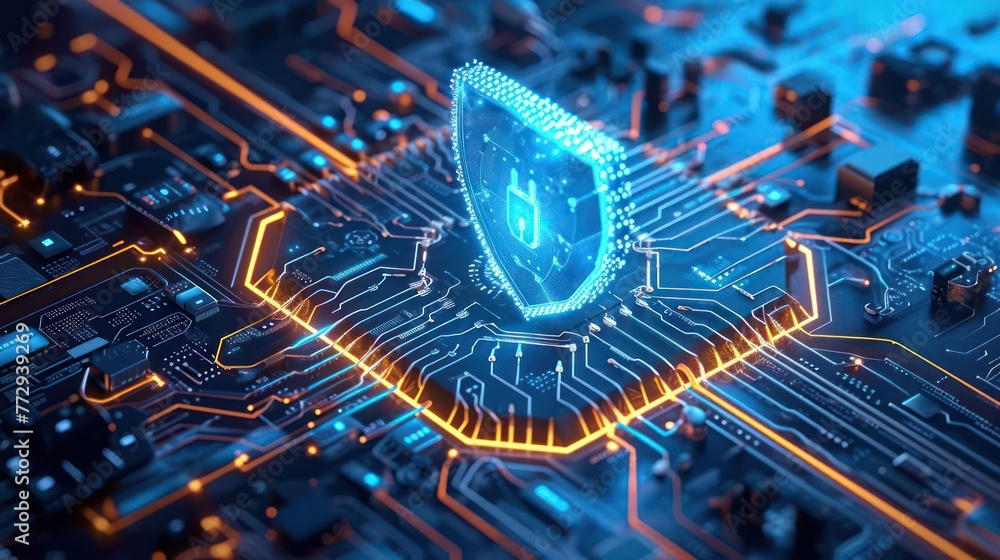 Poster futuristic cybersecurity concept featuring a digital fortress with intricate circuit patterns, virtu