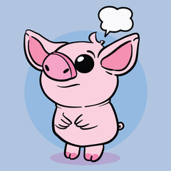 Funny pink pig cartoon character vector illustration with text bubble
