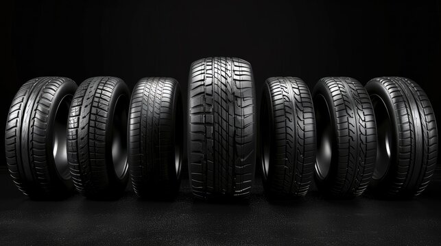 Tire set collection. Isolated on black background Generative AI