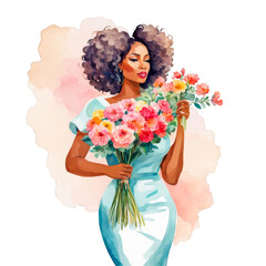 A beautiful black woman holding flower bouquet, wearing sleek modern blue dress, curly hairs bun, watercolor illustration, clipart for scrapbook, cards, girl, wall art, t-shirt design, cutout