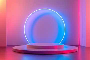 A neon-lit circle on a pedestal radiating a futuristic aura in a colorful room.