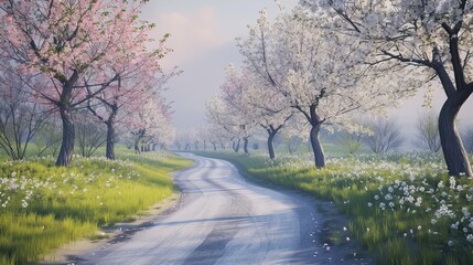 Obraz premium Road with cherry blossom trees. Forest, pollen, smell, branches, root, bush, nature, greens, berry, seed, garden, path, journey, grass, leaves. Generated by AI