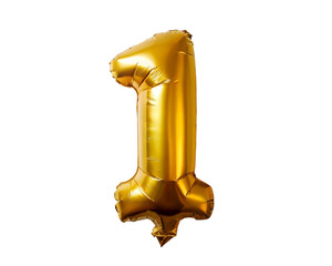 Number 1 made of golden inflatable balloon isolated on transparent background. Helium balloons font