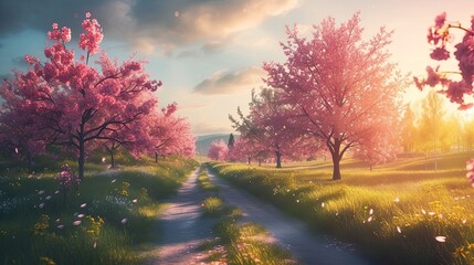 Road with cherry blossom trees. Forest, smell, branches, root, bush, nature, greens, berry, seed, garden, path, journey, grass, leaves. Generated by AI