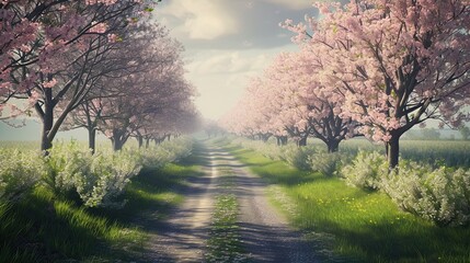Road with cherry blossom trees. Forest, bush, nature, greenery, berry, seed, garden, path, journey, grass, leaves. Generated by AI