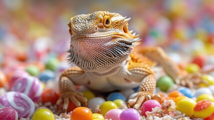 happy Bearded Dragon exploring a candy wonderland, capturing the reptile's unique scales and curious gaze