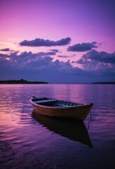 Naklejka na ściany i meble Boat gracefully glides on water against mesmerizing purple sky, crafting tranquil, captivating scene