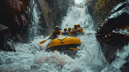 Naklejka premium Group of men and women enjoy thrill of white water rafting together, guided by experienced instructor through challenging rapids.
