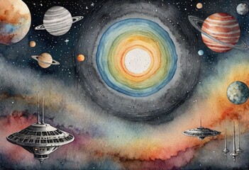 celestial wallpaper with a pattern of space stations in different shades of space gray, overlaid with a magical multicolored painting of a space habitat