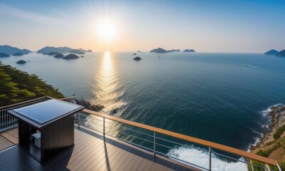 High-angle shot captures South Korean sunset over seascape with foreground viewing deck, stunningly serene