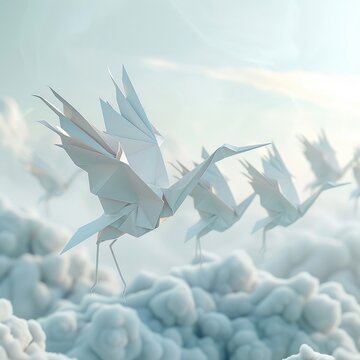 Crane flying over origami line-up