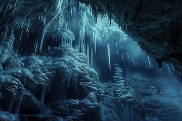 Generative ai on theme of a large beautiful sharp stalactites hanging down from deep mountain cave - obrazy, fototapety, plakaty