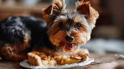 happy Yorkshire Terrier indulging in a slice of apple pie, showcasing the dog's small yet confident nature