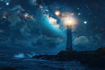 Fototapeta na wymiar Generative ai on theme of large retro lighthouse with beam of bright light shining out to blue sea