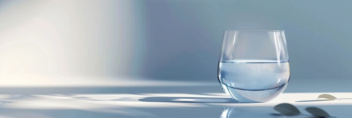 banner Glass of water  on a reflective surface and a light blue background with copy space for text.
Concept: hydration, refreshment, purity, clean water, drinking, health, simplicity. defocus