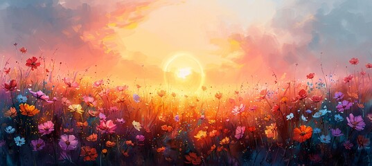Obraz na płótnie Canvas Sunset Serenade A Vibrant Field of Wildflowers Generative AI