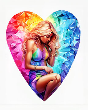A woman carefully piecing together a shattered rainbow glass heart under the disapproving atmosphere of bystanders